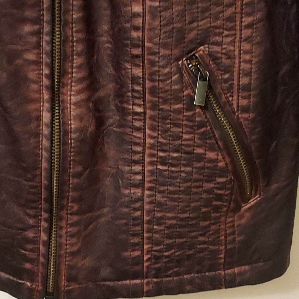 Distressed Faux Leather Jacket biker moto jacket brown size M zippered front - Picture 7 of 11